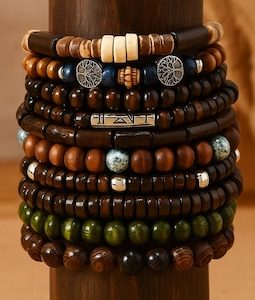 10pcs Boho Beaded Bracelets for Men – Vintage Multi-Layer Wooden Bracelets Set with Tree of Life Charm | Bohemian Style Accessories | Gift
