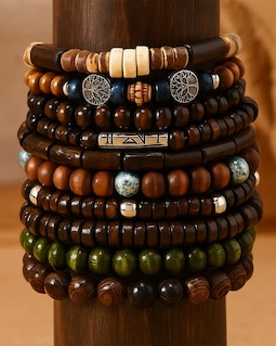 10pcs Boho Beaded Bracelets for Men – Vintage Multi-Layer Wooden Bracelets Set with Tree of Life Charm | Bohemian Style Accessories | Gift