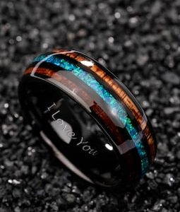 Koa Wood Black Tungsten Carbide Ring,  Blue Opal Tungsten Ring, Hawaiian Wood Opal Wedding Bands, Wood Mens Wedding Band,Wooden Ring for Men