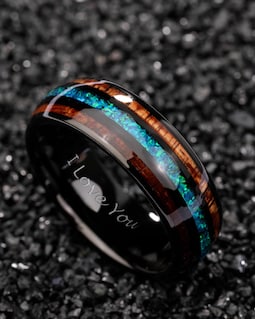 Koa Wood Black Tungsten Carbide Ring, Blue Opal Tungsten Ring, Hawaiian Wood Opal Wedding Bands, Wood Mens Wedding Band,Wooden Ring for Men