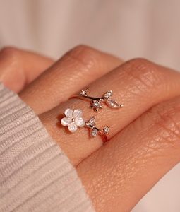 Birth Flower Ring 925 Sterling Silver Mother of Pearl Sakura Rings Adjustable Delicate Personalized Birthstone Gift