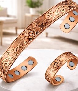 Pure Copper Magnetic Bracelet & Ring Set for Women – Adjustable Engraved Floral Cuff, Arthritis Relief Jewelry, Boho Wellness Gift for Her