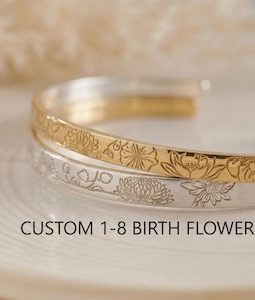Personalized Cuff For Mom, Birth Flower Bracelet, Mummy Bracelet, Secret Message Bangle, Engraved Gold Cuff Bracelet, Mother Jewelry