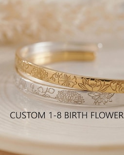 Personalized Cuff For Mom, Birth Flower Bracelet, Mummy Bracelet, Secret Message Bangle, Engraved Gold Cuff Bracelet, Mother Jewelry