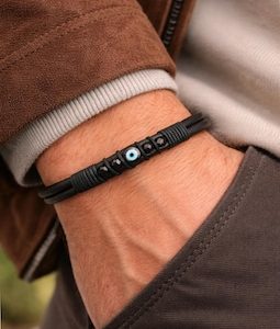 Black Tourmaline and Evil Eye Protection Bracelet, Mens Leather Bracelet, Healing Crystals, Spiritual Jewelry