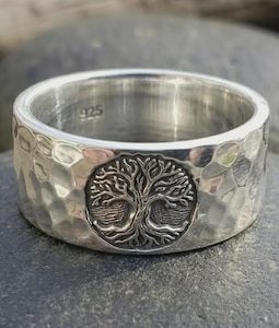 925 Sterling Silver Tree of Life Ring, Hammered Band Ring, Handmade Unisex Wedding Band, Nature Inspired Promise Ring Gift
