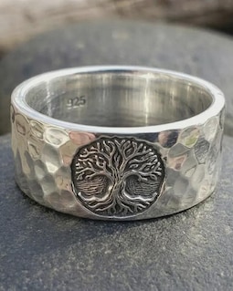 925 Sterling Silver Tree of Life Ring, Hammered Band Ring, Handmade Unisex Wedding Band, Nature Inspired Promise Ring Gift