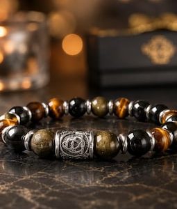 Black Obsidian Bracelet for Men, Celtic Protection Symbol, Golden Sheen Obsidian & Tiger Eye, 10mm Beads, Meaningful Gift for Him