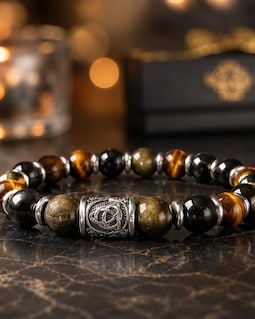 Black Obsidian Bracelet for Men, Celtic Protection Symbol, Golden Sheen Obsidian & Tiger Eye, 10mm Beads, Meaningful Gift for Him